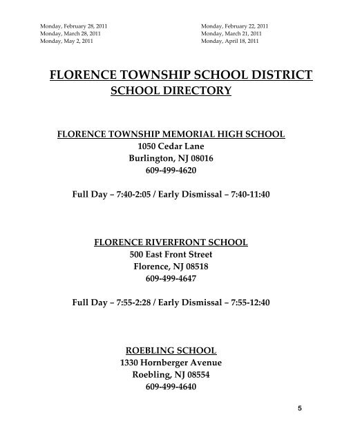 Parent Student Handbook - Florence Township School District