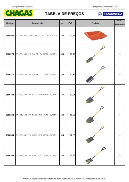 TABELA DE PREÃOS