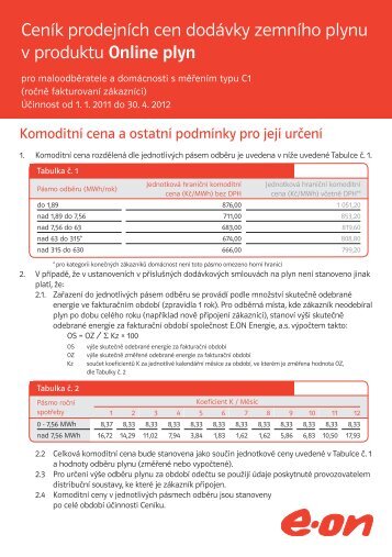 Ceník prodejních cen dodávky zemního plynu v produktu ... - E.ON