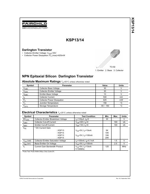 KSP13/14 NPN Epitaxial Silicon Darlington Transistor - Fairchild ...