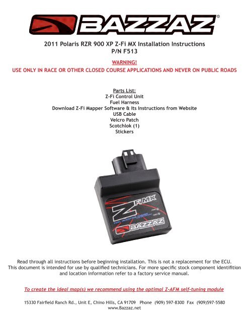 2011 Polaris RZR 900 XP Z-Fi MX Installation Instructions ... - Bazzaz