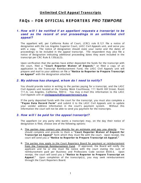 Unlimited Civil Appeal Transcripts Superior Court of California Unlimited Civil Appeal Transcripts Superior Court of California