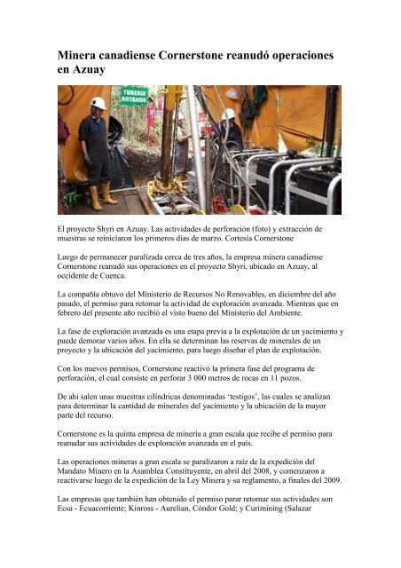 Minera canadiense Cornerstone reanudÃ³ ... - AHK Ecuador