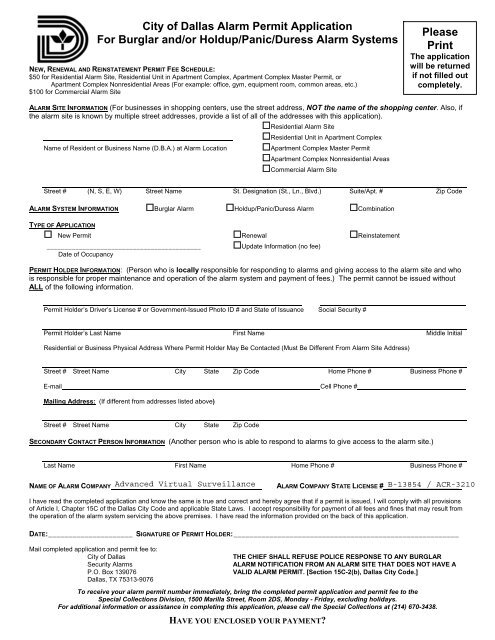 City of Dallas Alarm Permit Application For Burglar and/or Holdup ...