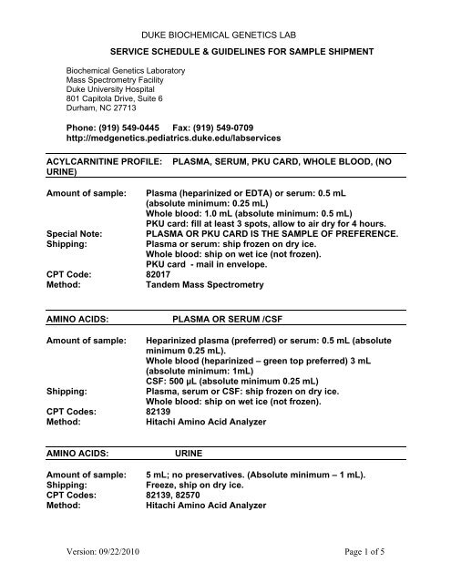 DUKE BIOCHEMICAL GENETICS LAB Version: 09/22/2010 Page 1 ...