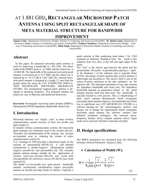 at 1.881 ghz, rectangular microstrip patch antenna using split ... - ijater