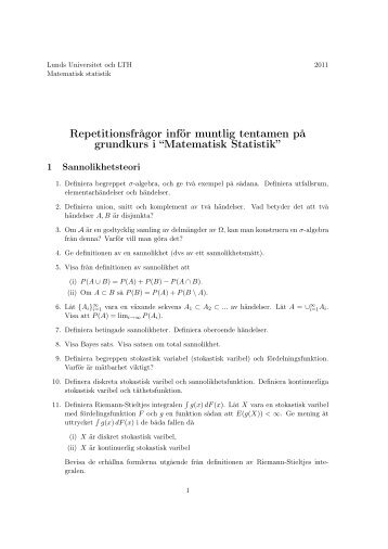 Repetitionsfrågor inför muntlig tentamen på grundkurs i “Matematisk ...