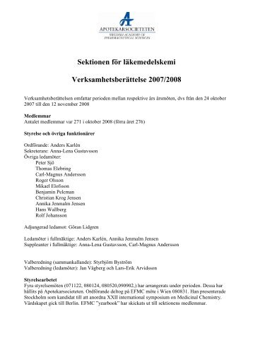 Sektionen fÃ¶r lÃ¤kemedelskemi VerksamhetsberÃ¤ttelse 2007/2008