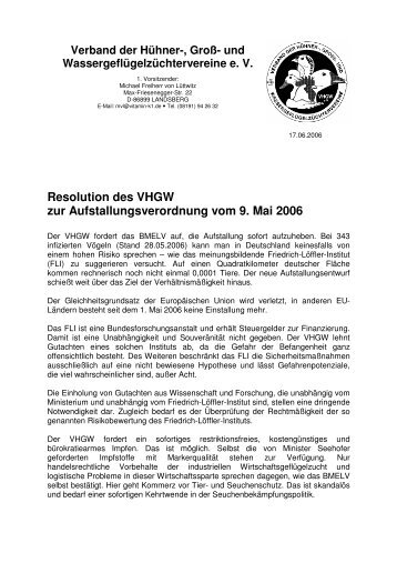 Resolution des VHGW - Verband der Hühner-, Groß