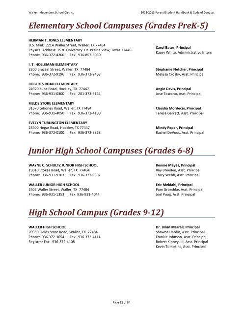 Student/Parent Handbook & Code of Conduct - Waller ISD - Website