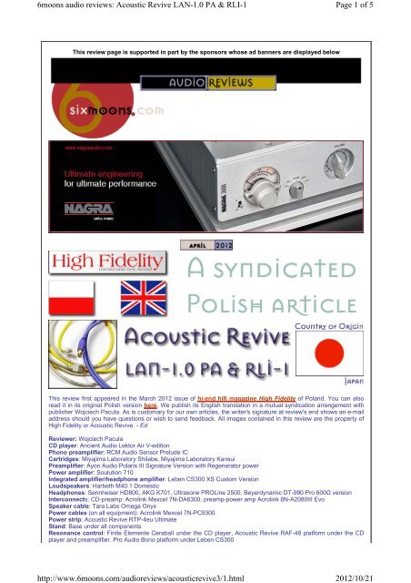 Acoustic Revive LAN- 1.0 PA & RLI-1 Review by 6moons