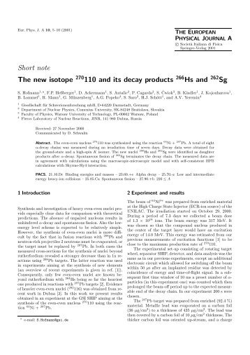 Short note The new isotope 270110 and its decay products 266Hs ...