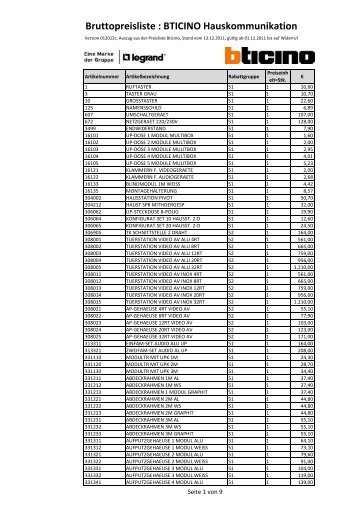 Bruttopreisliste : BTICINO Hauskommunikation - Legrand