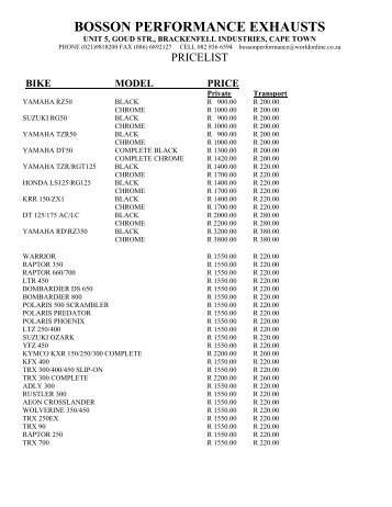 bike model price - Bosson Performance Exhausts Home Page 2011