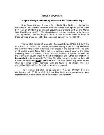 TENDER DOCUMENT Subject: Hiring of vehicles by the Income Tax ...