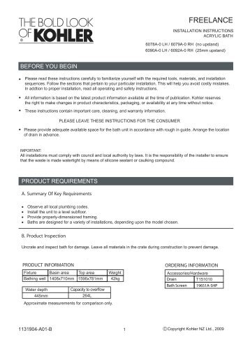 Installation Instructions - Freelance 1700mm Shower Over ... - Kohler