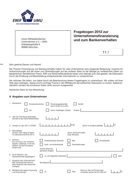 Fragebogen 2012 Zur Unternehmensfinanzierung Und Zum Ewif