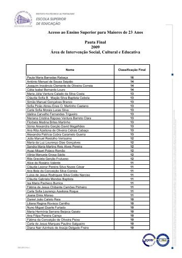 Acesso ao Ensino Superior para Maiores de 23 Anos Pauta Final ...