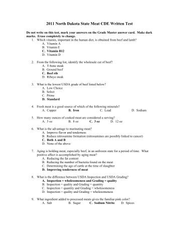 2011 North Dakota State Meat CDE Written Test - ND FFA