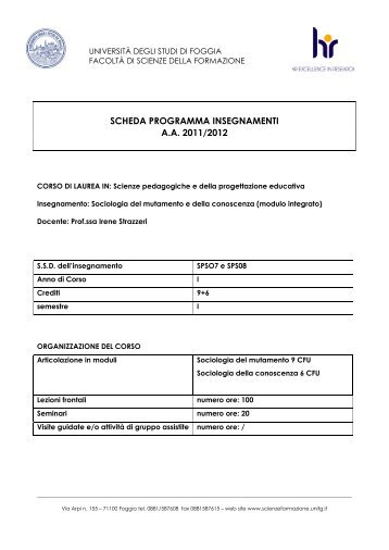 modulo sociologia del mutamento e della conoscenza - FacoltÃ  di ...