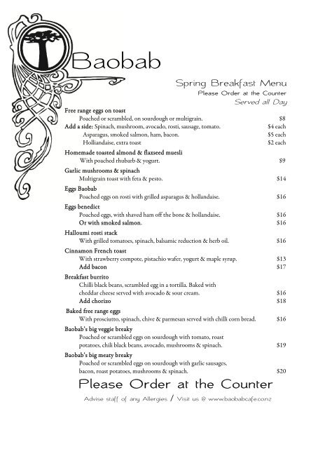 Baobab menu outlet