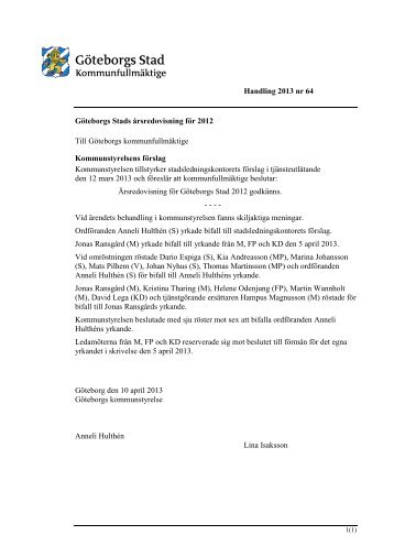 Handling 2013 nr 64 GÃ¶teborgs Stads Ã¥rsredovisning fÃ¶r 2012 Till ...