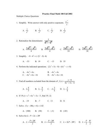 Practice Final Math 108 Fall 2002 Multiple Choice Questions 1 ...