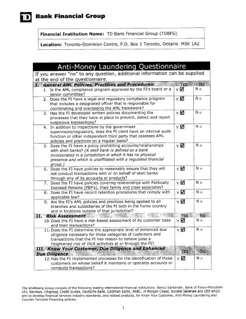 Anti Money Laundering Questionnaire Td Securities