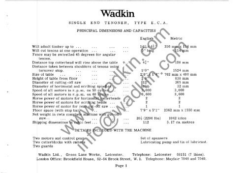 Wadkin ECA Tenoner Manual and Parts List