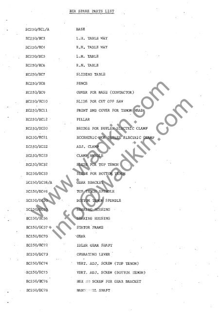 Wadkin ECA Tenoner Manual and Parts List