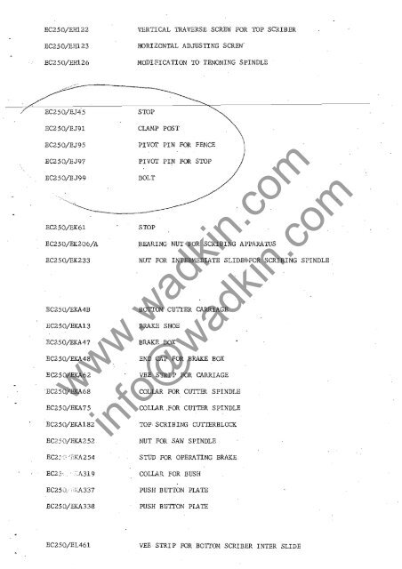 Wadkin ECA Tenoner Manual and Parts List