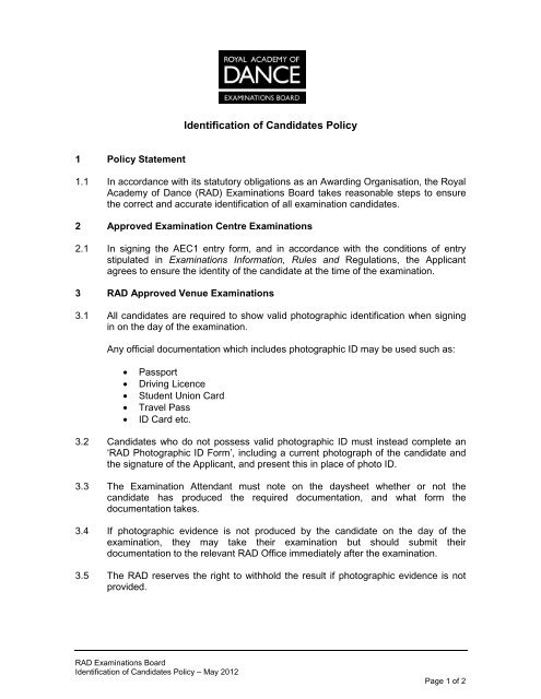 Identification of Candidates Policy - Royal Academy of Dance