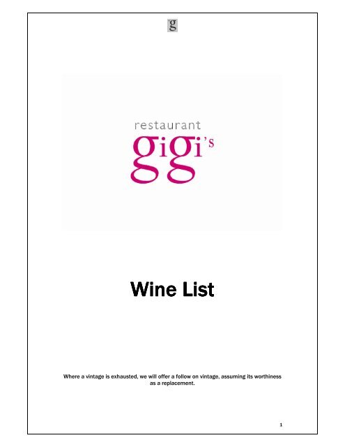 Wine List Wine List - The G Hotel