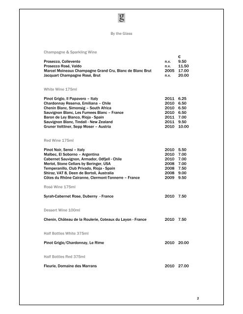 Wine List Wine List - The G Hotel