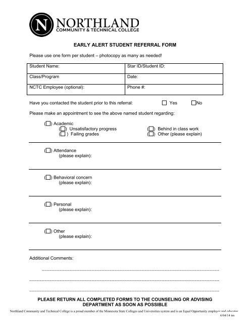 EARLY ALERT STUDENT REFERRAL FORM - Northland ...