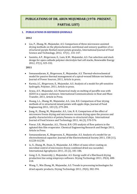 Publications of Prof. Arun S. Mujumdar (1978- January 2012)
