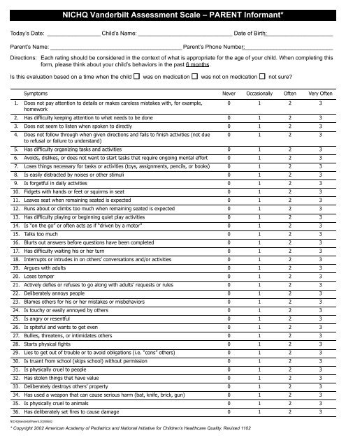 NICHQ Vanderbilt Assessment Scale â PARENT Informant*