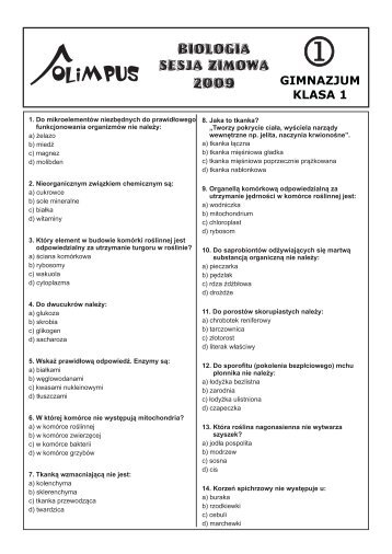 OLIMPUS Sesja zimowa 2009 - Biologia, kl. 1 Gimnazjum