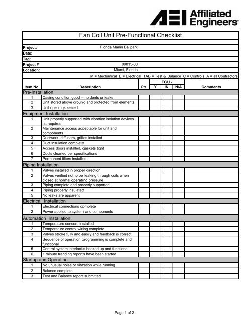 Fan Coil Unit Pre-Functional Checklist