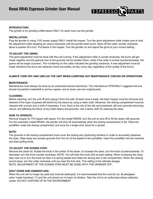 Rossi Rr45 User Manual Espresso Parts