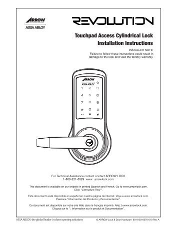 Touchpad Access Cylindrical Lock Installation Instructions - Arrow ...