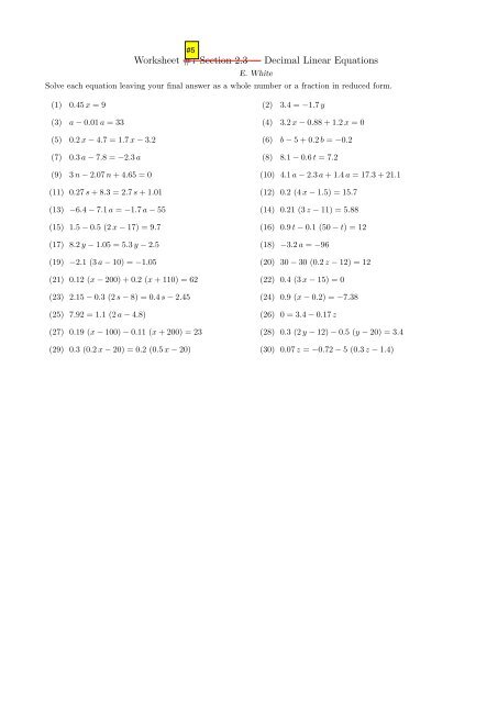 Worksheet 7 Section 2 3 A Decimal Linear Equations