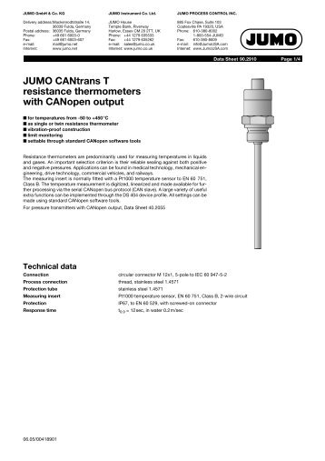 JUMO CANtrans T resistance thermometers with CANopen output