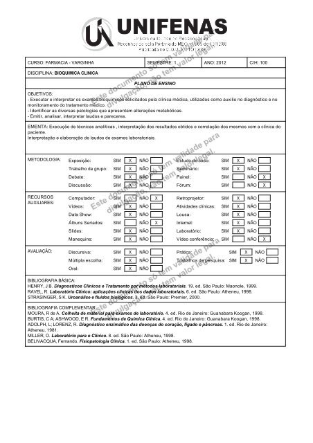 1 ANO: 2012 C/H: 100 DISCIPLINA: BIOQUIMICA CLINICA PLANO ...