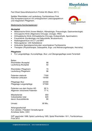 Fact Sheet Gesundheitszentrum Fricktal AG - Rheinfelden Medical