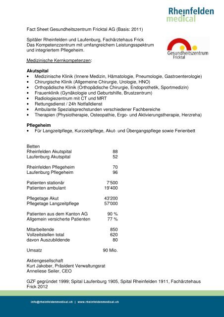 Fact Sheet Gesundheitszentrum Fricktal AG - Rheinfelden Medical