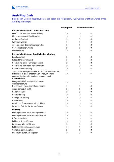 Analyse der Austrittsinterviews von Lehrpersonen ... - Kanton Zürich