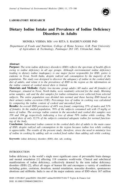 Dietary Iodine Intake and Prevalence of Iodine Deficiency Disorders ...