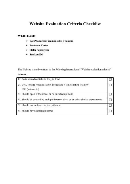 Website Evaluation Criteria Checklist