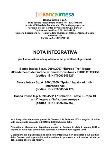 Banca Intesa SpA 2004/2009